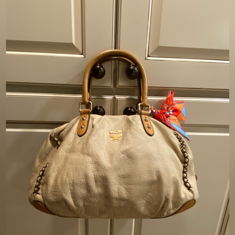 MCM Beige Leather Satchel with Brown Accents